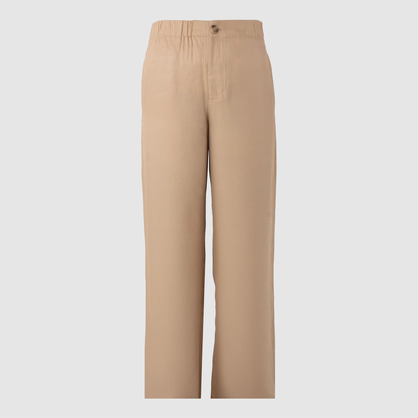 Front view of beige structured Tencel trousers with button fly