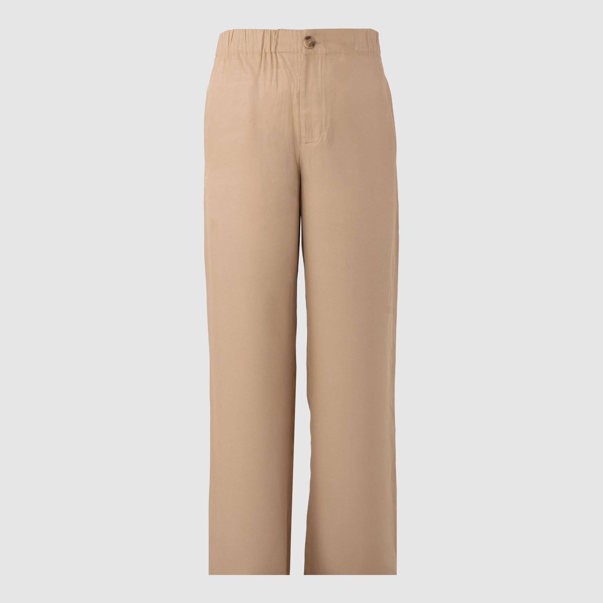 Front view of beige structured Tencel trousers with button fly