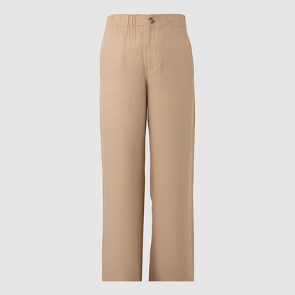 Front view of beige structured Tencel trousers with button fly