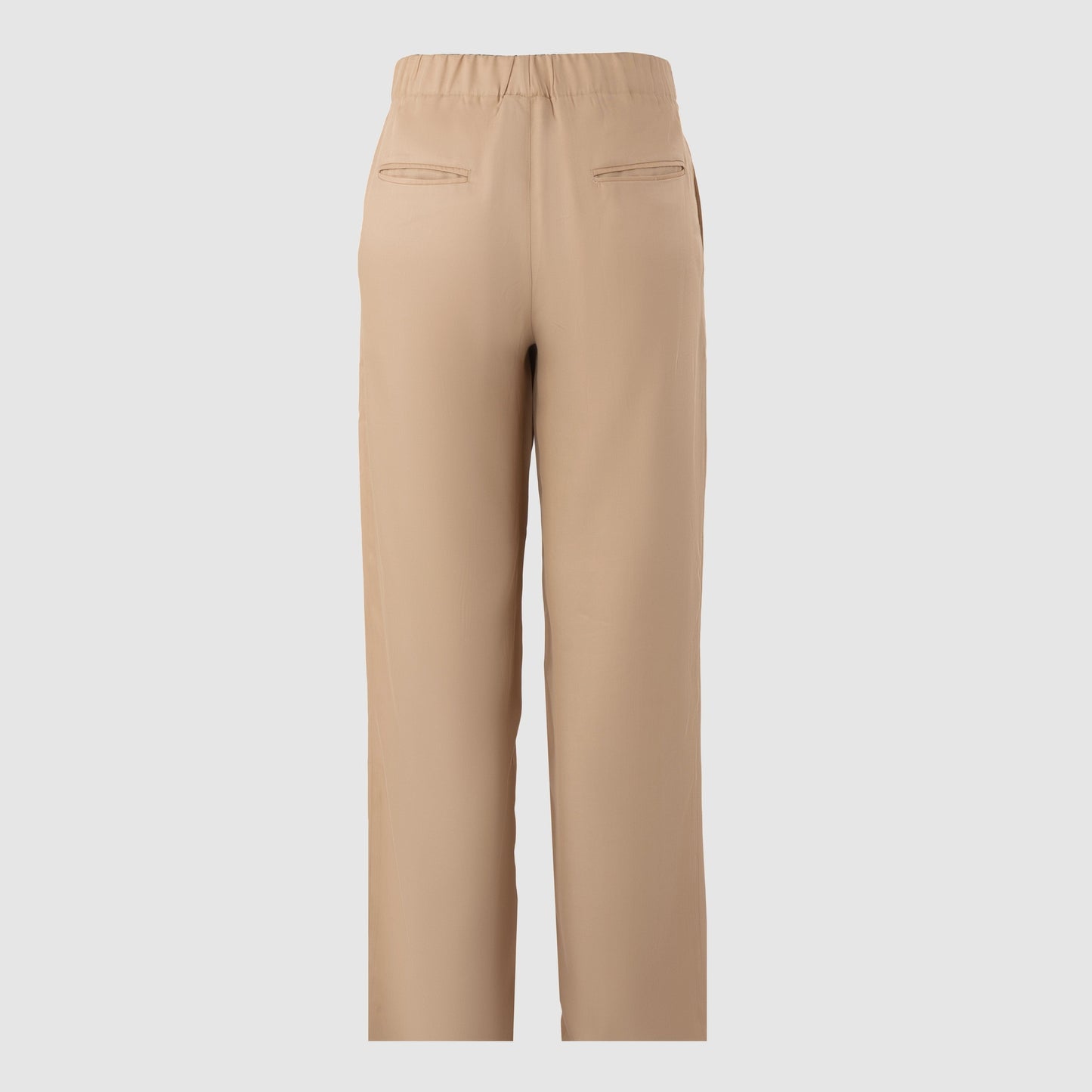Beige Tencel trousers back view with elastic waistband and welt pockets