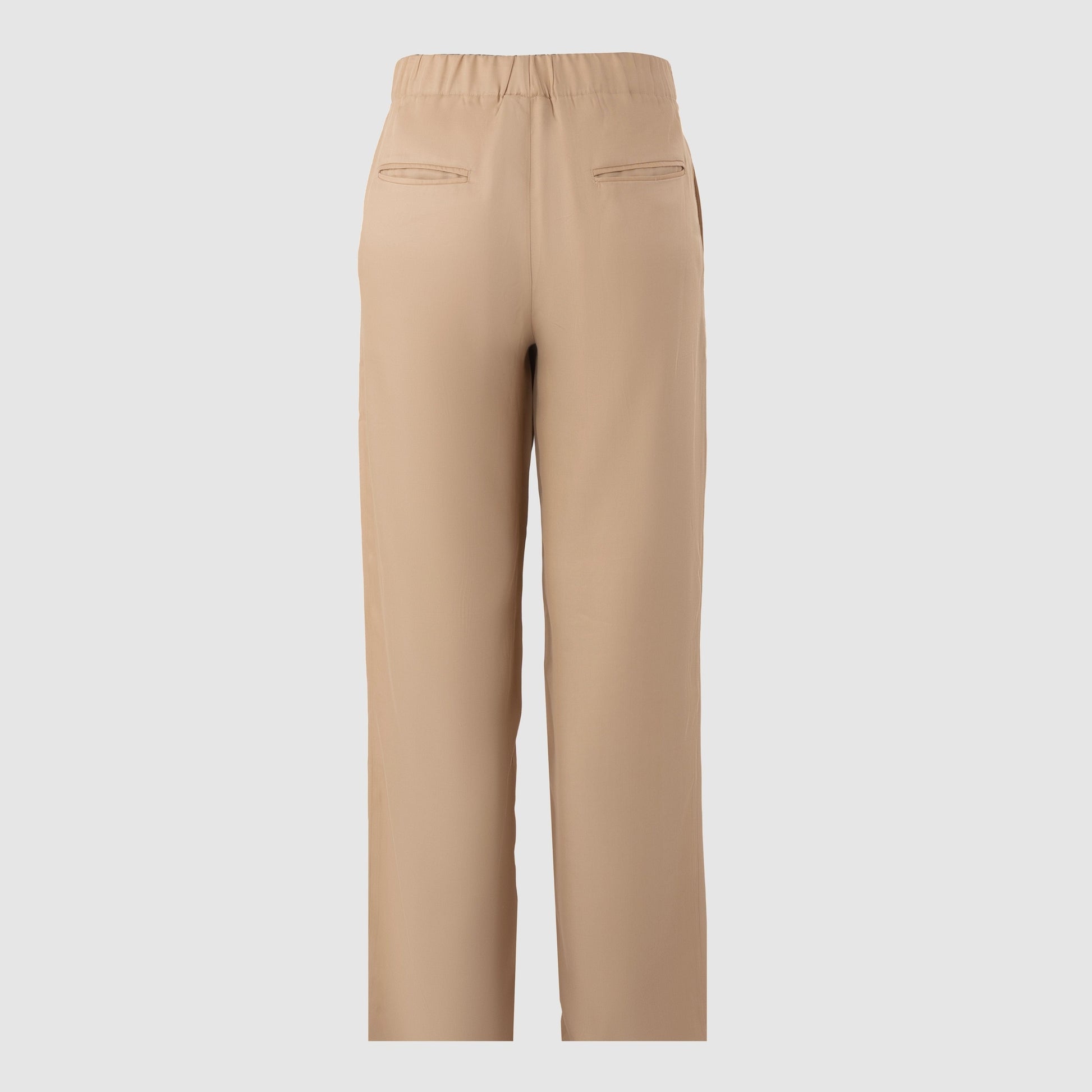Beige Tencel trousers back view with elastic waistband and welt pockets