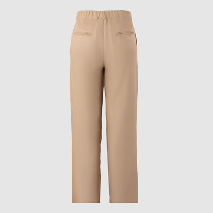 Beige Tencel trousers back view with elastic waistband and welt pockets