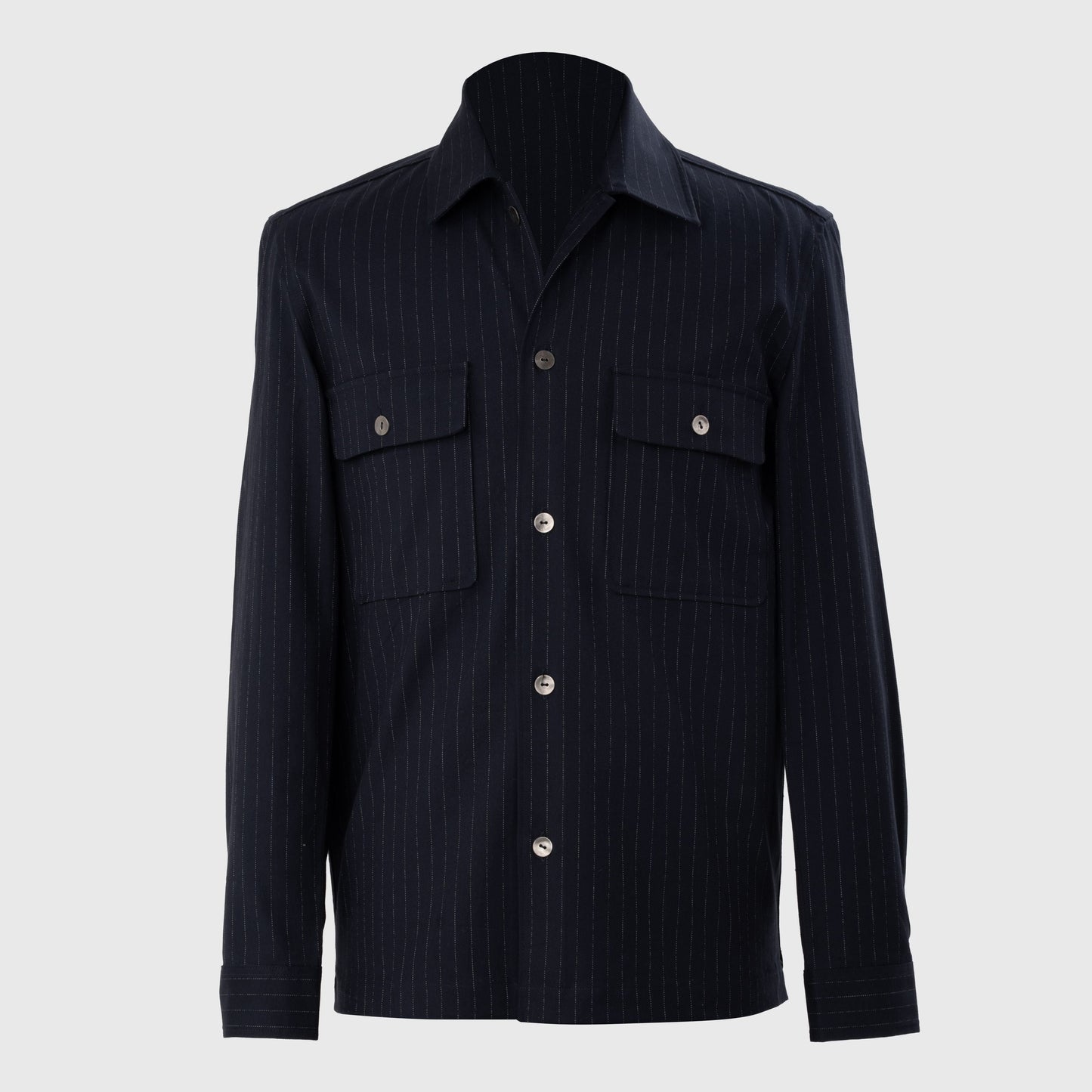 Dark navy Lurex-stripe shacket with silver buttons and chest pockets