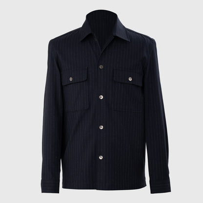 Dark navy Lurex-stripe shacket with silver buttons and chest pockets