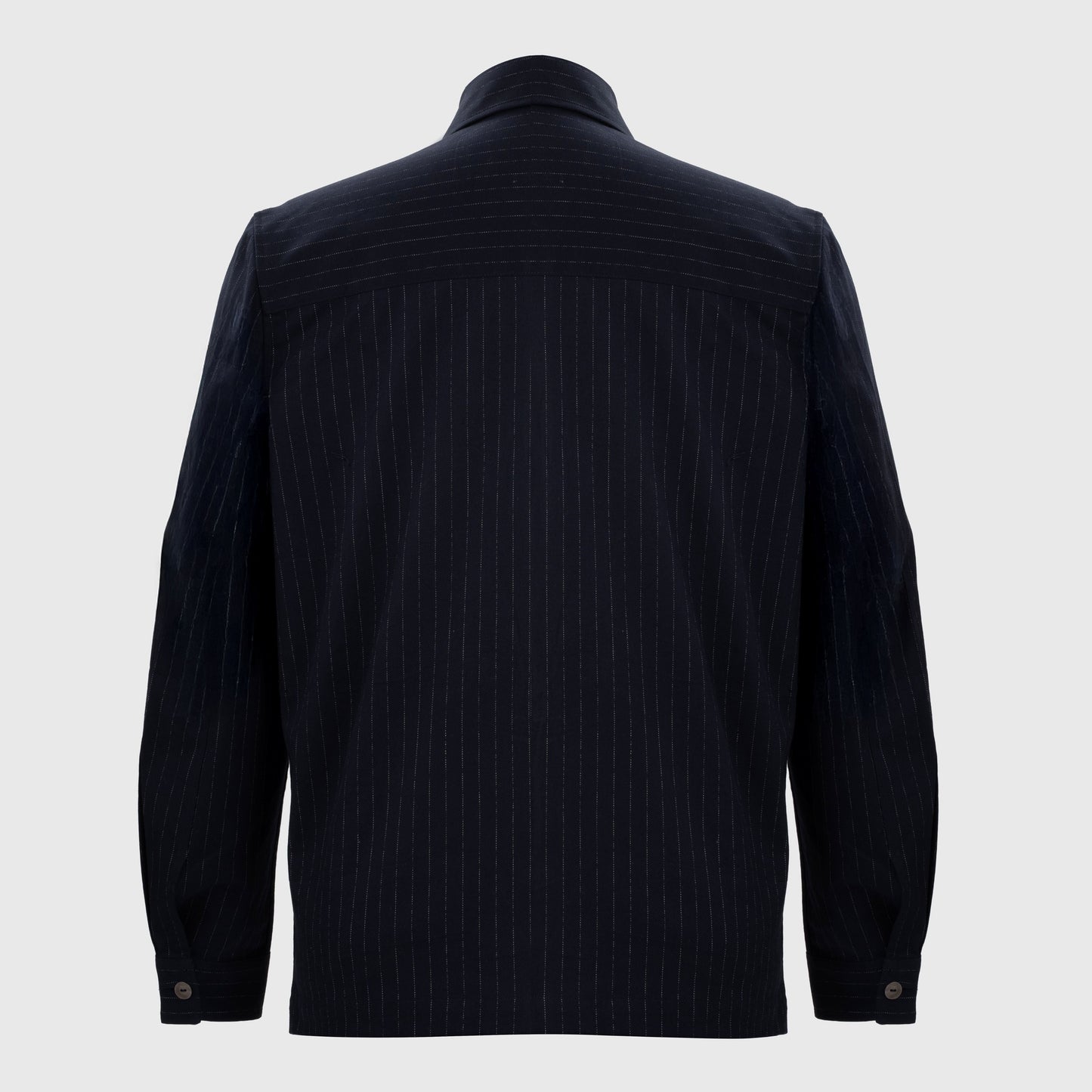 Back view of dark navy pinstripe shacket in classic tailored fit