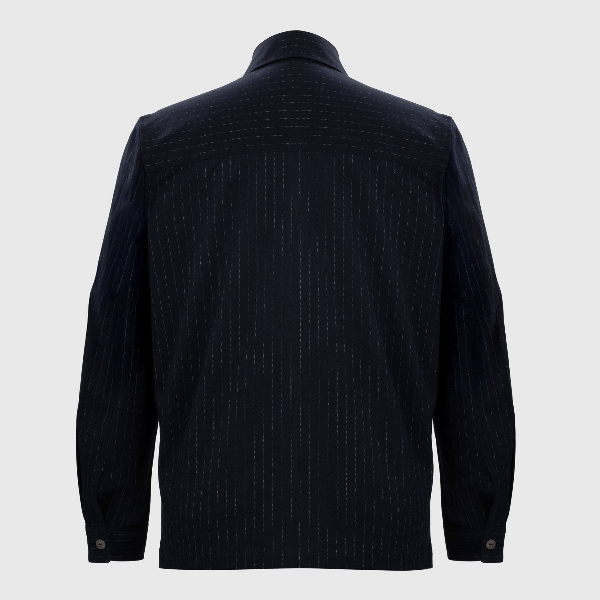 Back view of dark navy pinstripe shacket in classic tailored fit