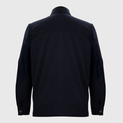 Back view of dark navy pinstripe shacket in classic tailored fit