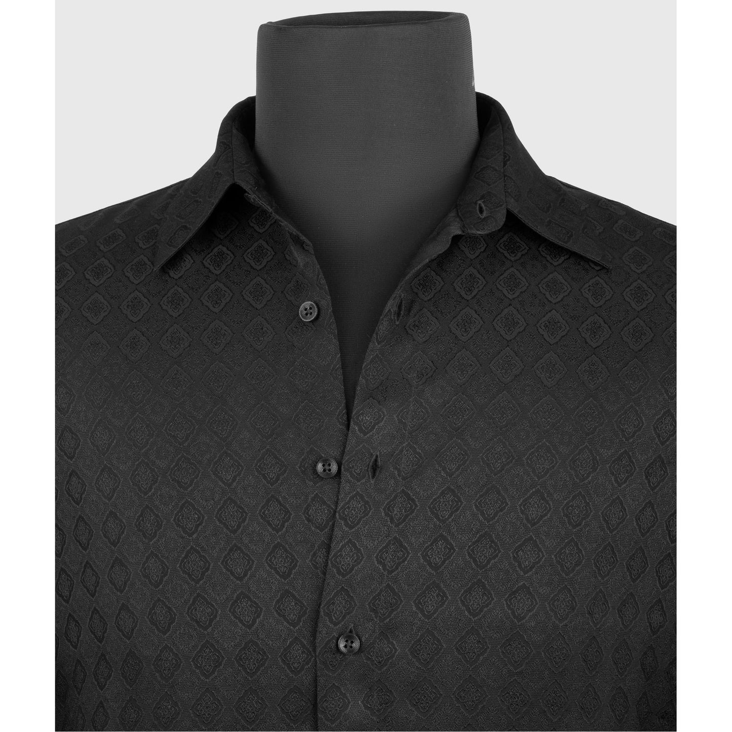 Close up of black viscose jacquard shirt collar and diamond texture detail