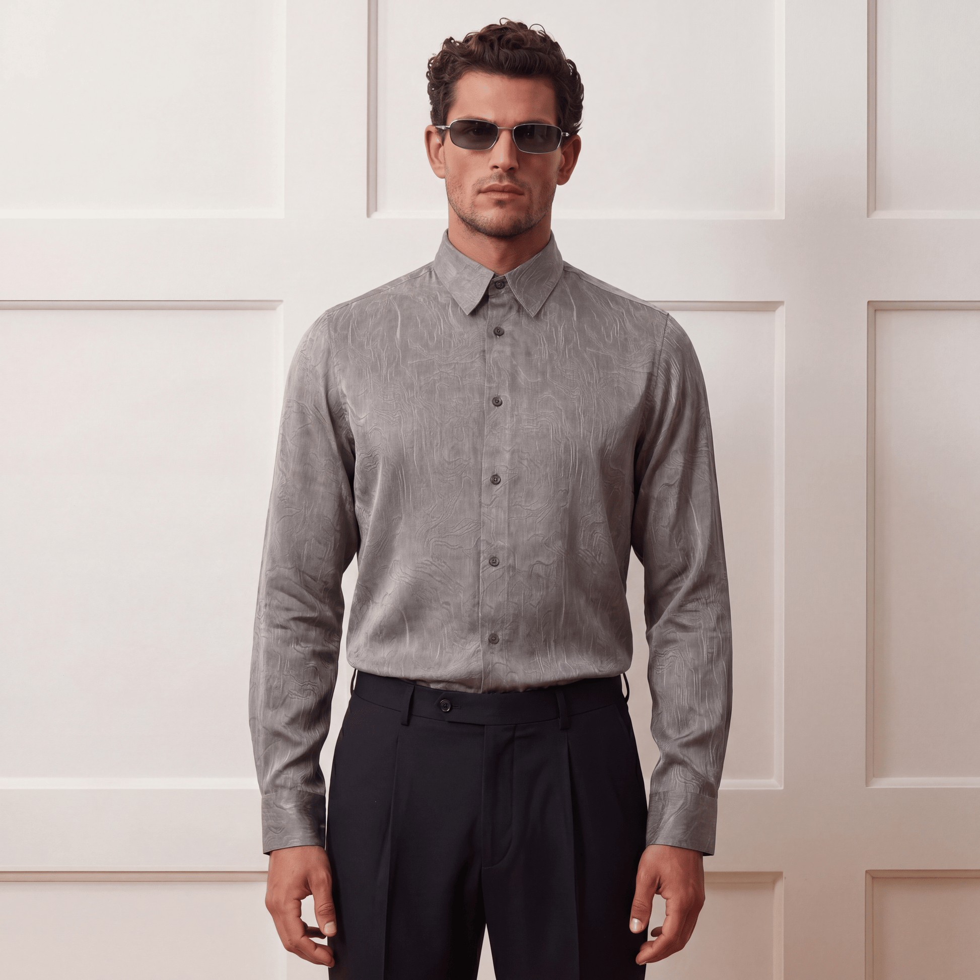 Lustrous Midnight viscose jacquard shirt on model with tailored fit