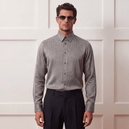 Lustrous Midnight viscose jacquard shirt on model with tailored fit