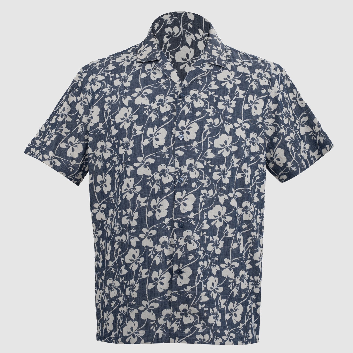 Relaxed fit navy blue short sleeve shirt with white floral vine print and straight hem
