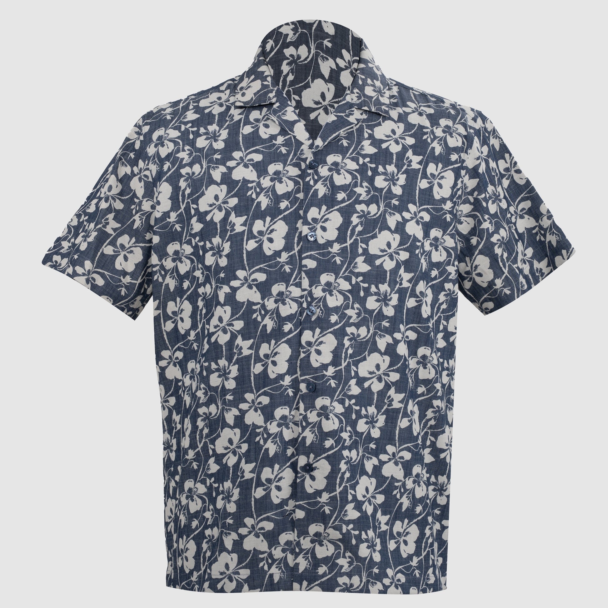 Relaxed fit navy blue short sleeve shirt with white floral vine print and straight hem