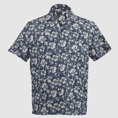 Relaxed fit navy blue short sleeve shirt with white floral vine print and straight hem