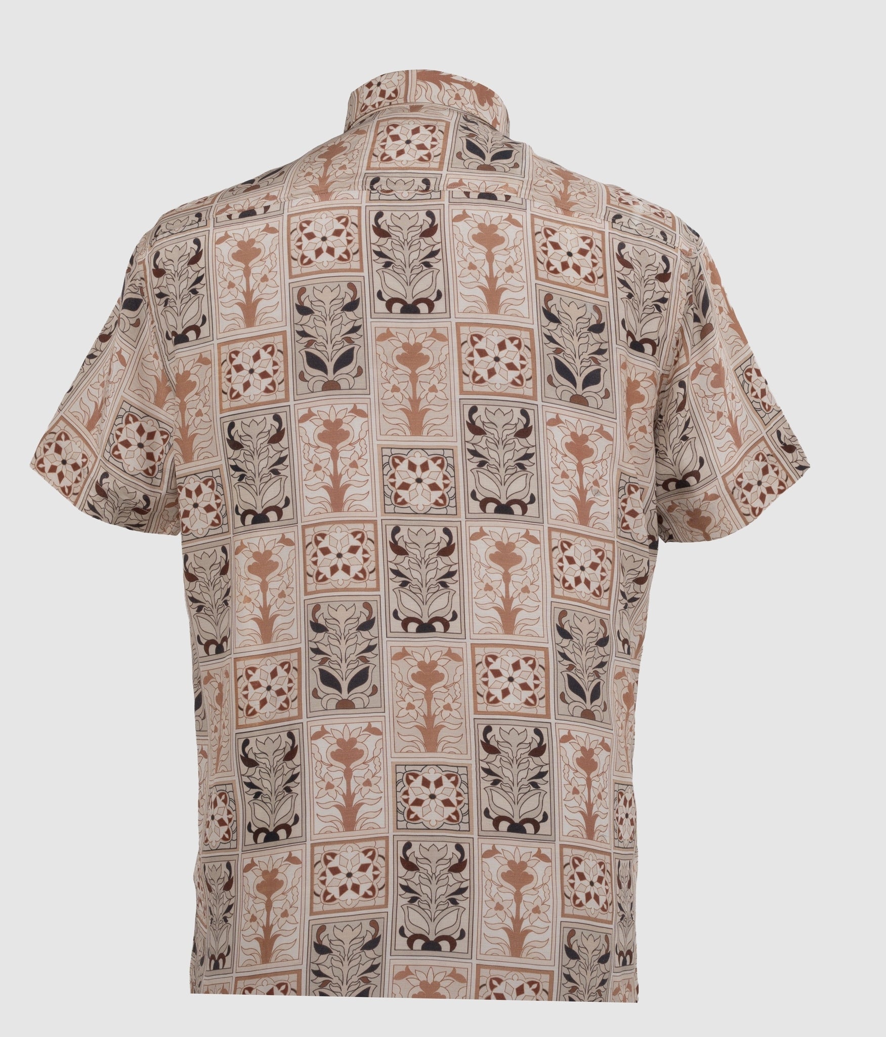 Back view of short-sleeved viscose shirt featuring earthy tone botanical print
