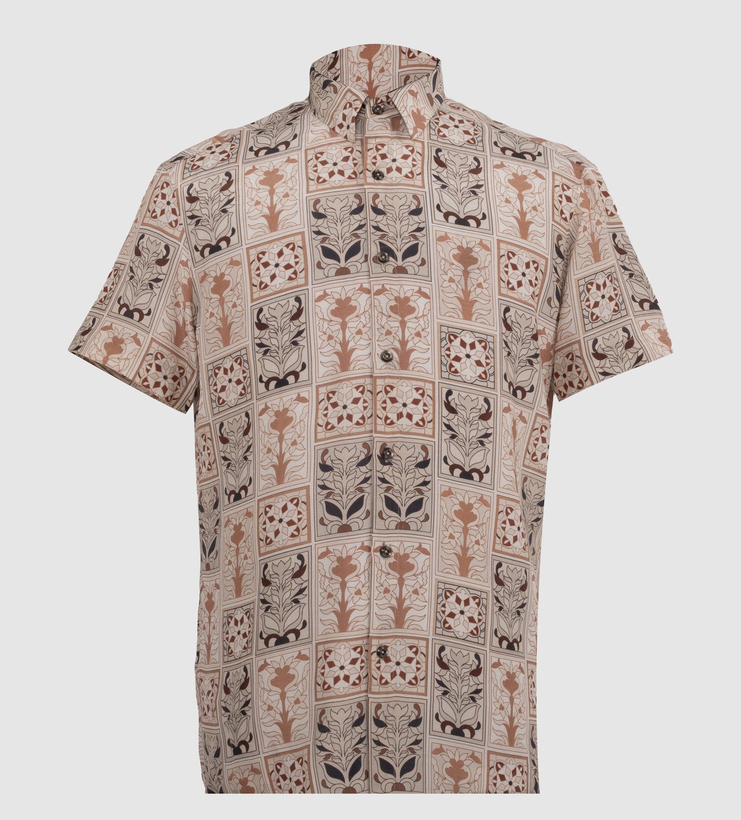 Geometric patchwork printed viscose shirt with floral motifs in beige and terracotta
