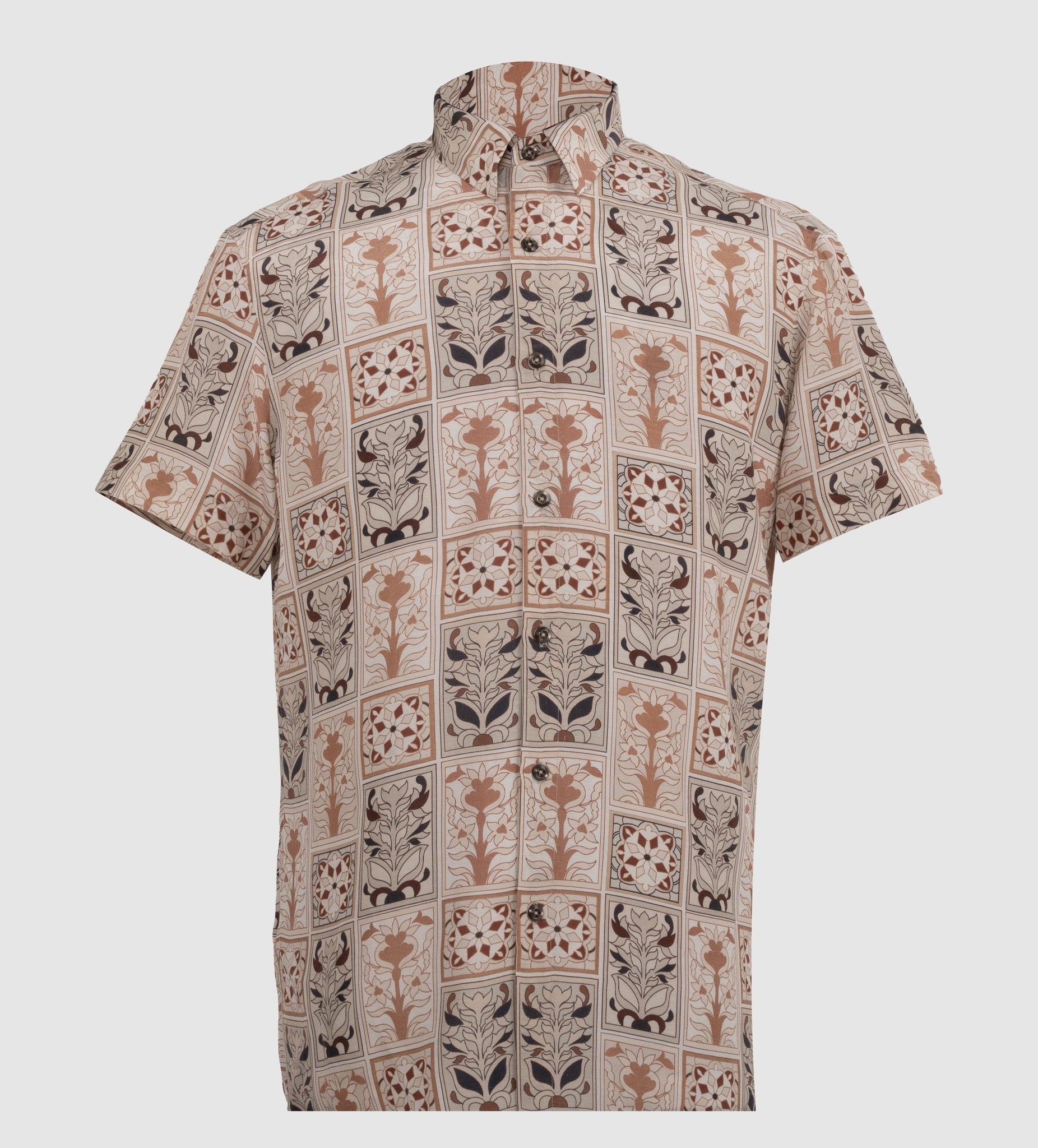Geometric patchwork printed viscose shirt with floral motifs in beige and terracotta