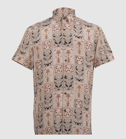 Geometric patchwork printed viscose shirt with floral motifs in beige and terracotta