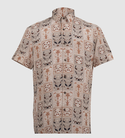 Geometric patchwork printed viscose shirt with floral motifs in beige and terracotta