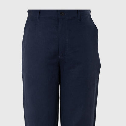 Navy blue classic fit Lyocell-Linen trousers with twill weave texture