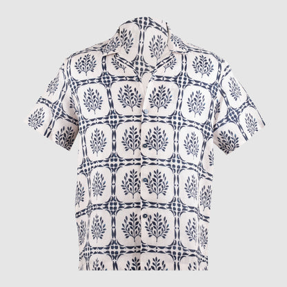 Front of hand-printed indigo linen Cuban shirt with button closure