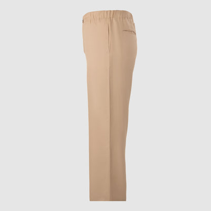 Side profile of beige wide-leg Tencel trousers with vertical seam