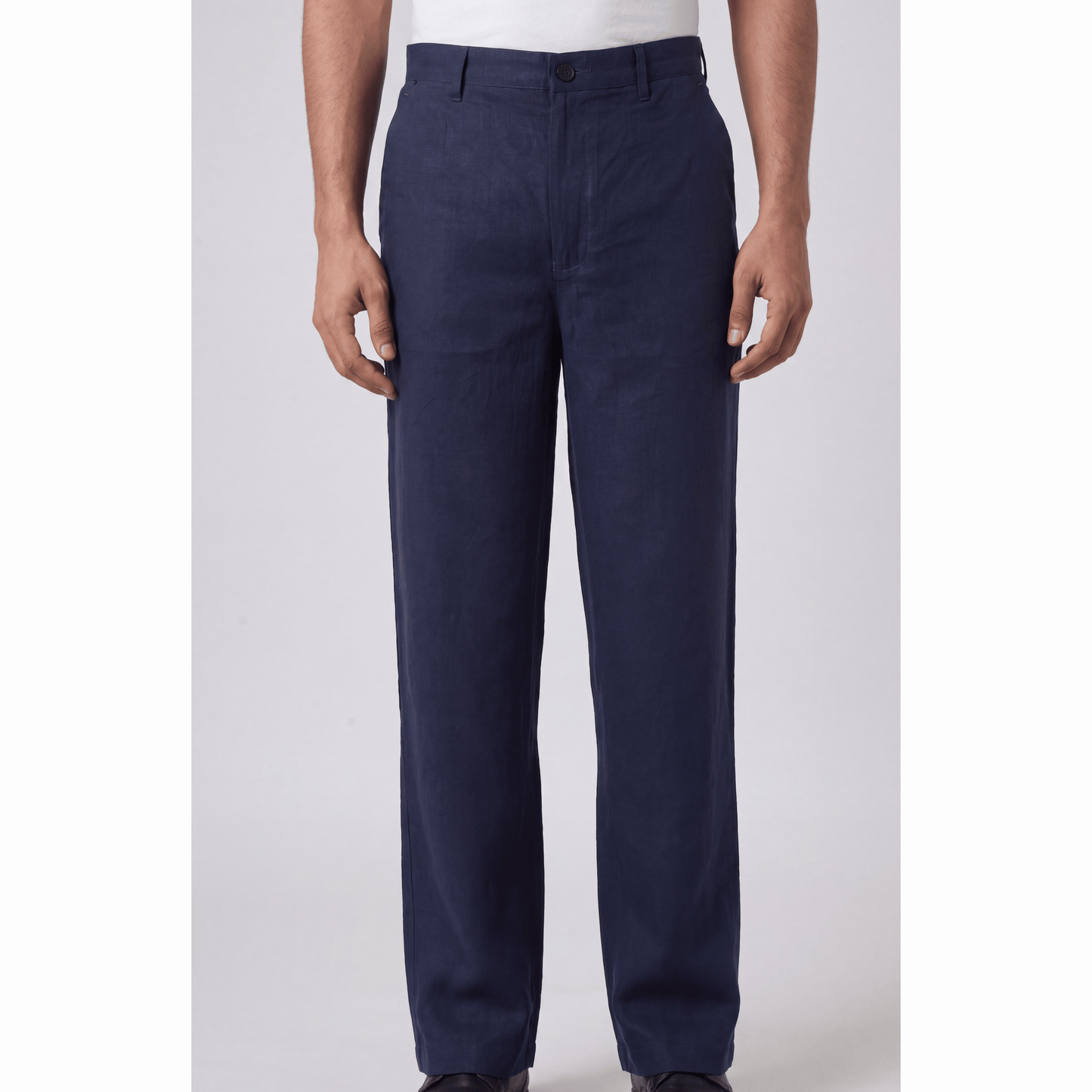 Navy blue classic fit Lyocell-Linen trousers with flat front and twill texture