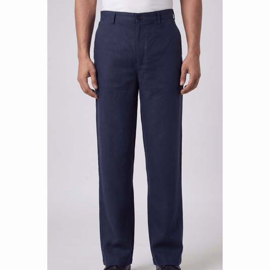 Navy blue classic fit Lyocell-Linen trousers with flat front and twill texture