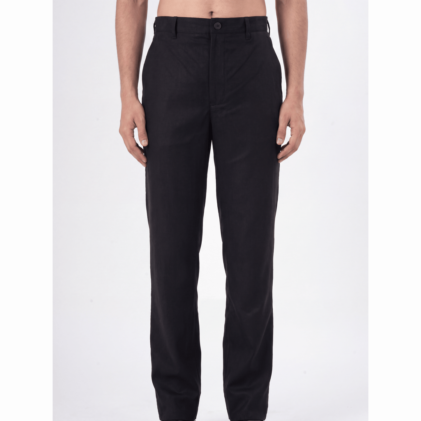 Black classic fit Lyocell-Linen trousers with flat front and twill weave