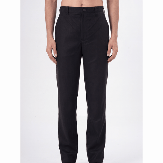 Black classic fit Lyocell-Linen trousers with flat front and twill weave