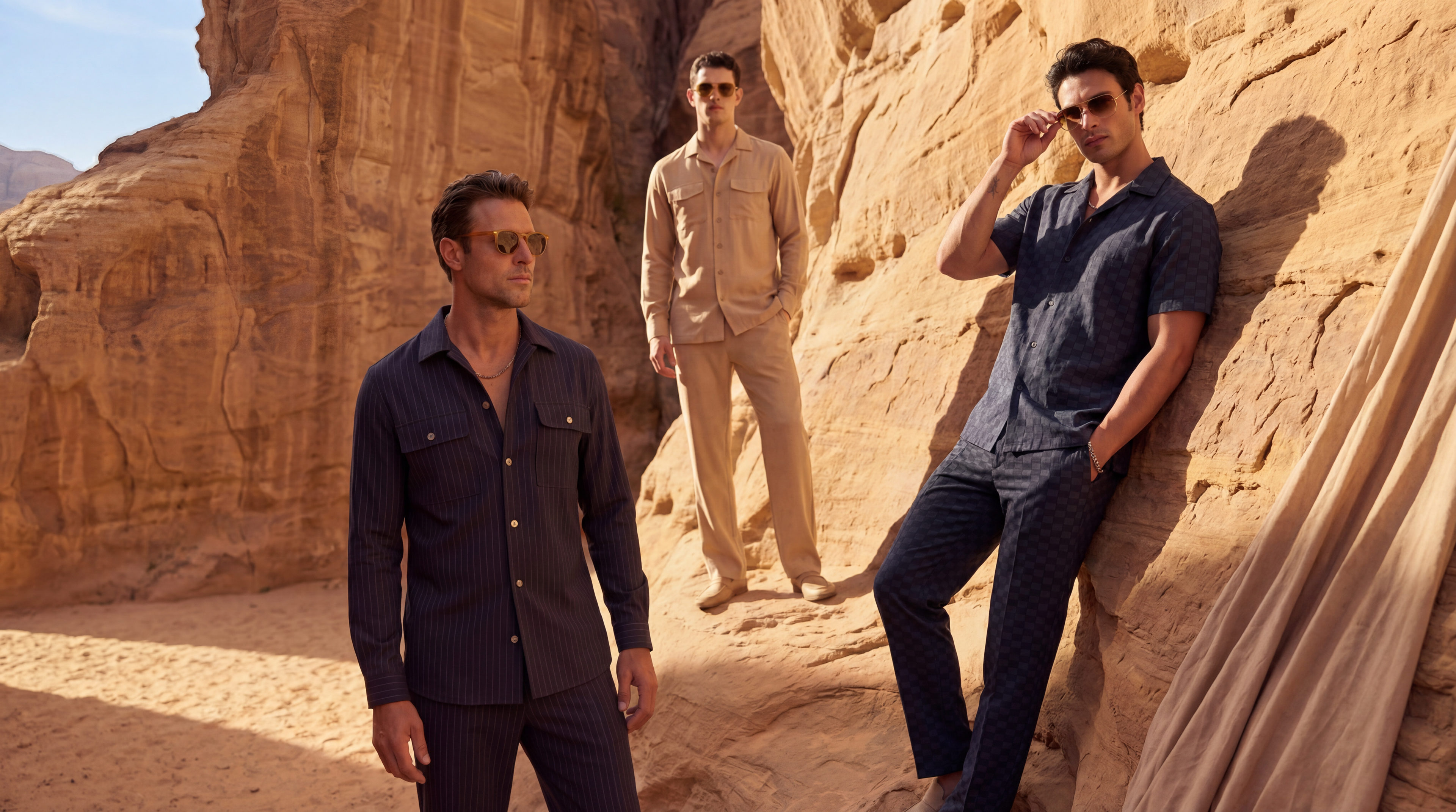 Three men standing in a desert landscape with rocky formations wearing comfortable coord sets