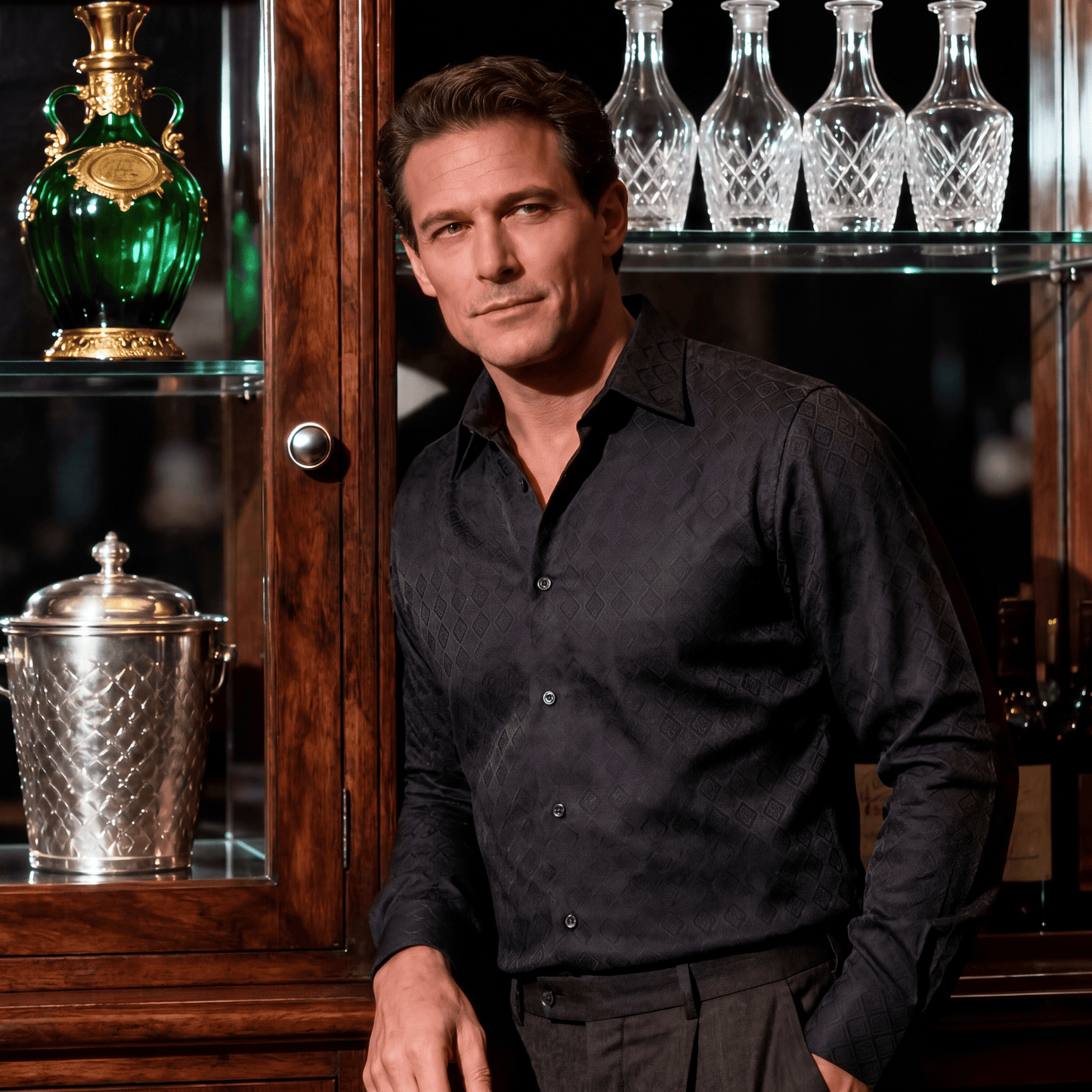Man wearing black diamond jacquard shirt beside glass decanter display