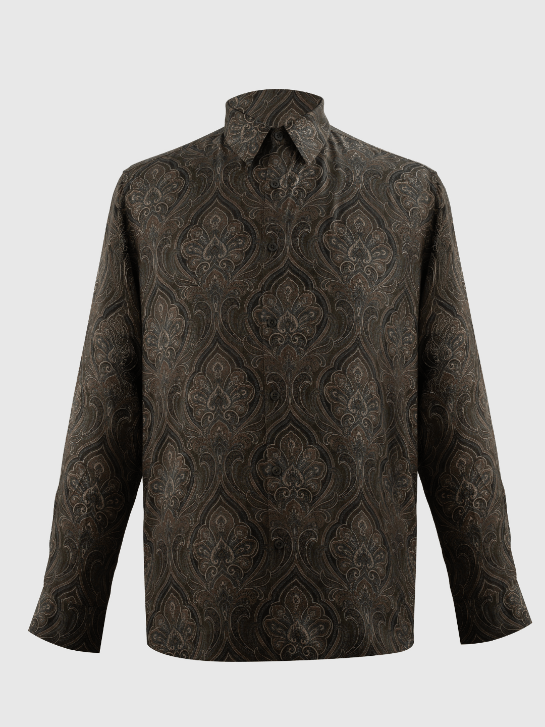 A long-sleeve button-up shirt with a dark brown and black damask pattern, displayed on a neutral light gray background.