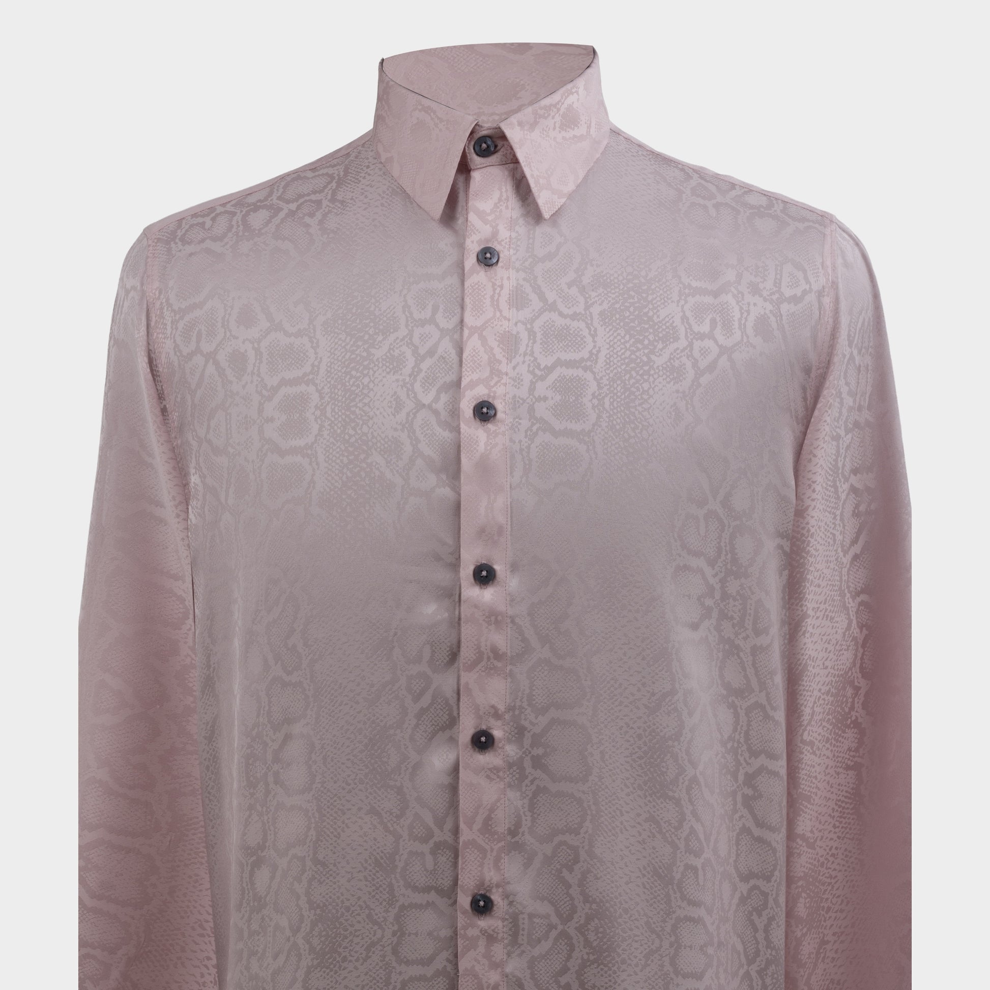 Close-up of pink viscose jacquard shirt showing tonal snakeskin weave texture
