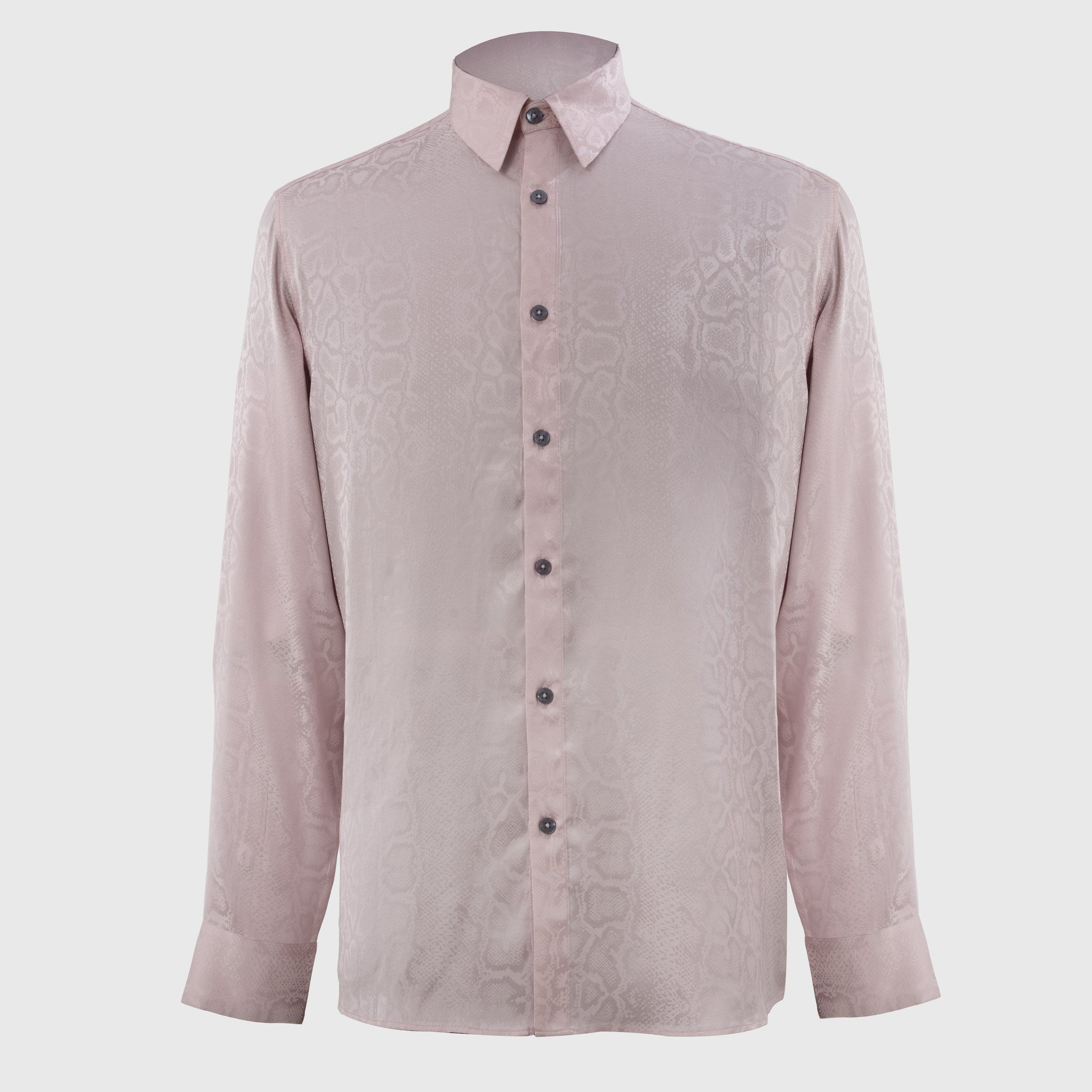Lustrous pink viscose jacquard men's dress shirt with snakeskin pattern