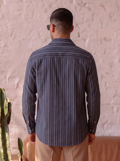Navy Stripe Half Placket Linen Blend Polo Shirt 