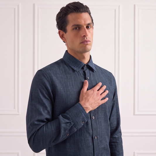 Pure Linen Embroidery Shirt in Deep Navy Teal Color