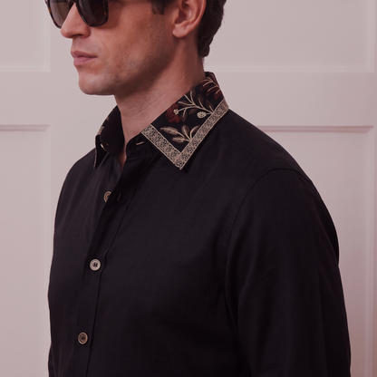 Embroidered Black Linen-Satin Shirt With Sheen| The Grace Edition 