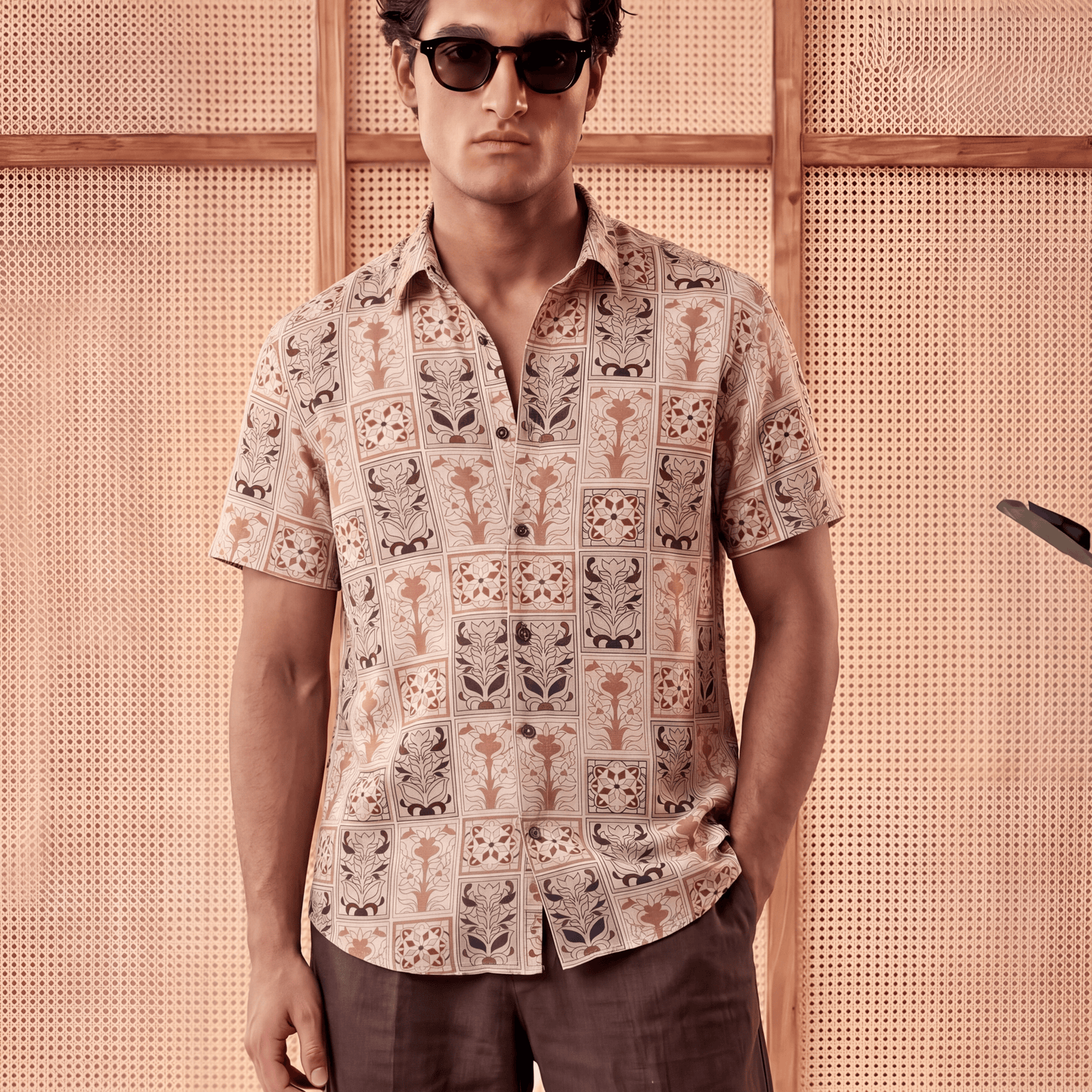 Men's beige terracotta geometric printed viscose shirt with floral motifs