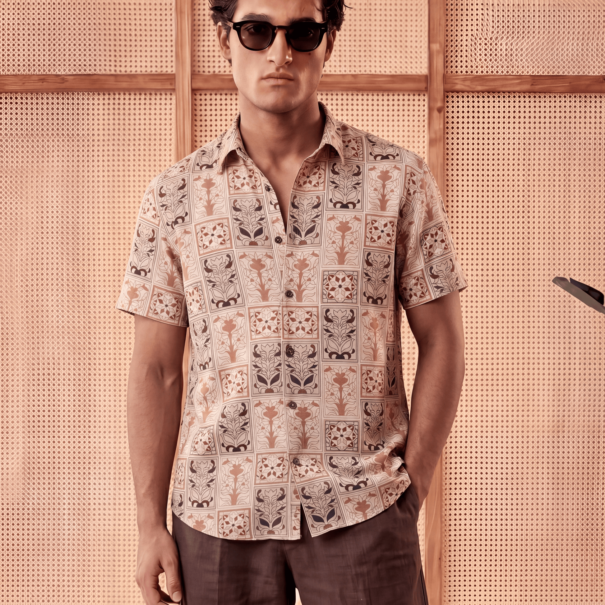 Men's beige terracotta geometric printed viscose shirt with floral motifs