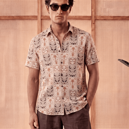 Men's beige terracotta geometric printed viscose shirt with floral motifs
