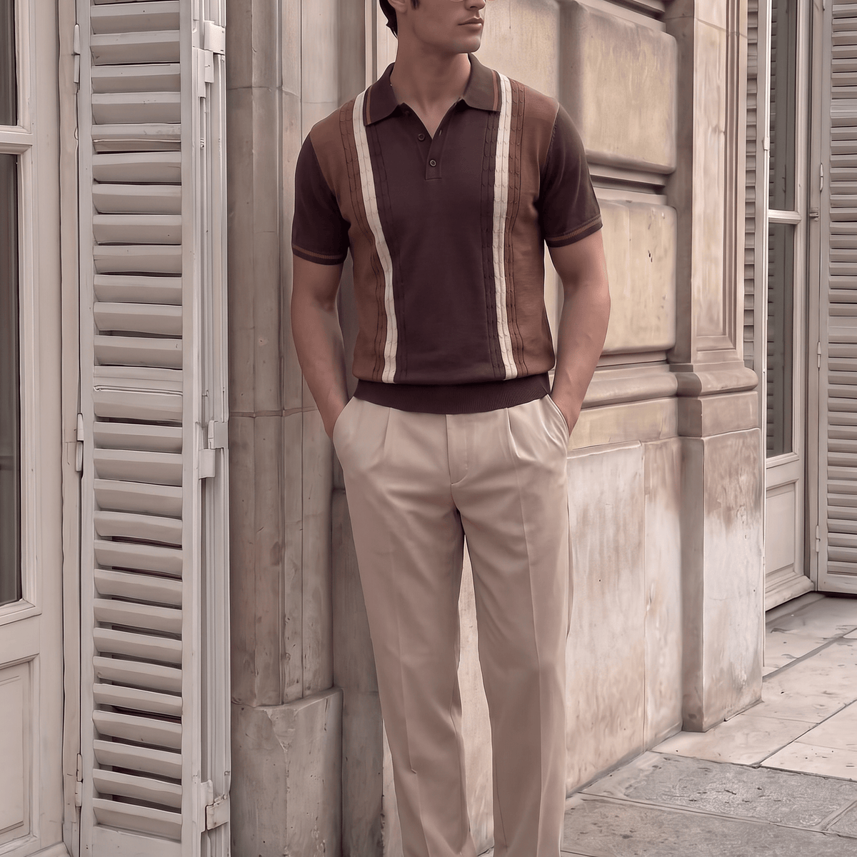 A man wearing a brown and beige striped knit polo shirt, beige trousers, and white sneakers stands against a stone building wall with shuttered windows.