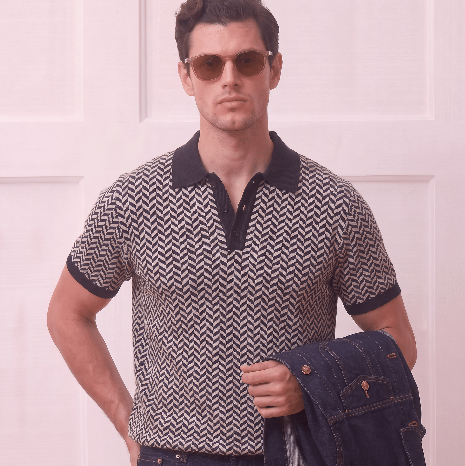 A man wearing a short-sleeve polo shirt with a black and beige chevron pattern, dark navy jeans, and sunglasses, holding a dark denim jacket against a light pink paneled background.
