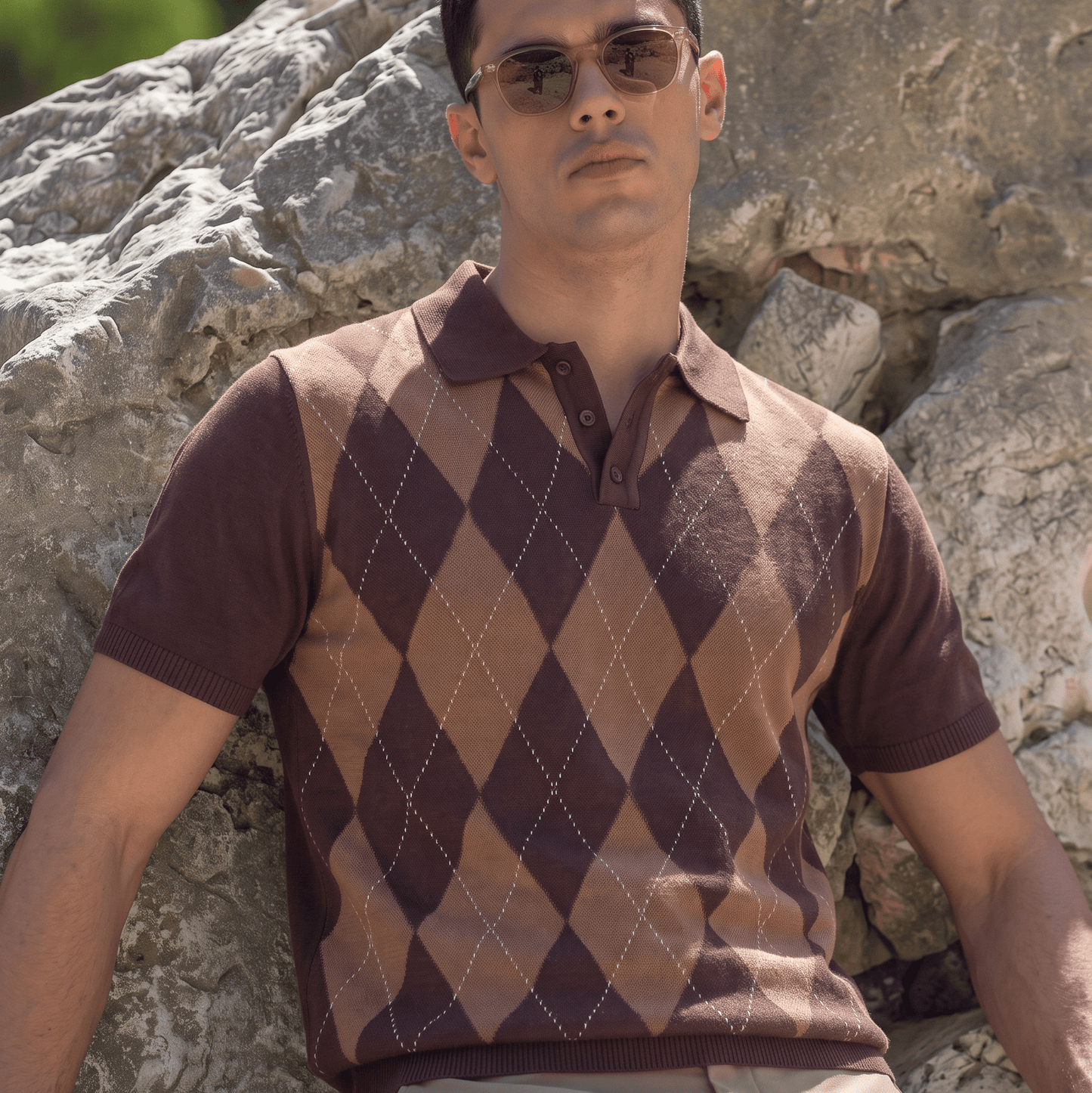 A man wearing a brown and tan argyle knit polo sweater vest with sunglasses, leaning against a large rock outdoors.