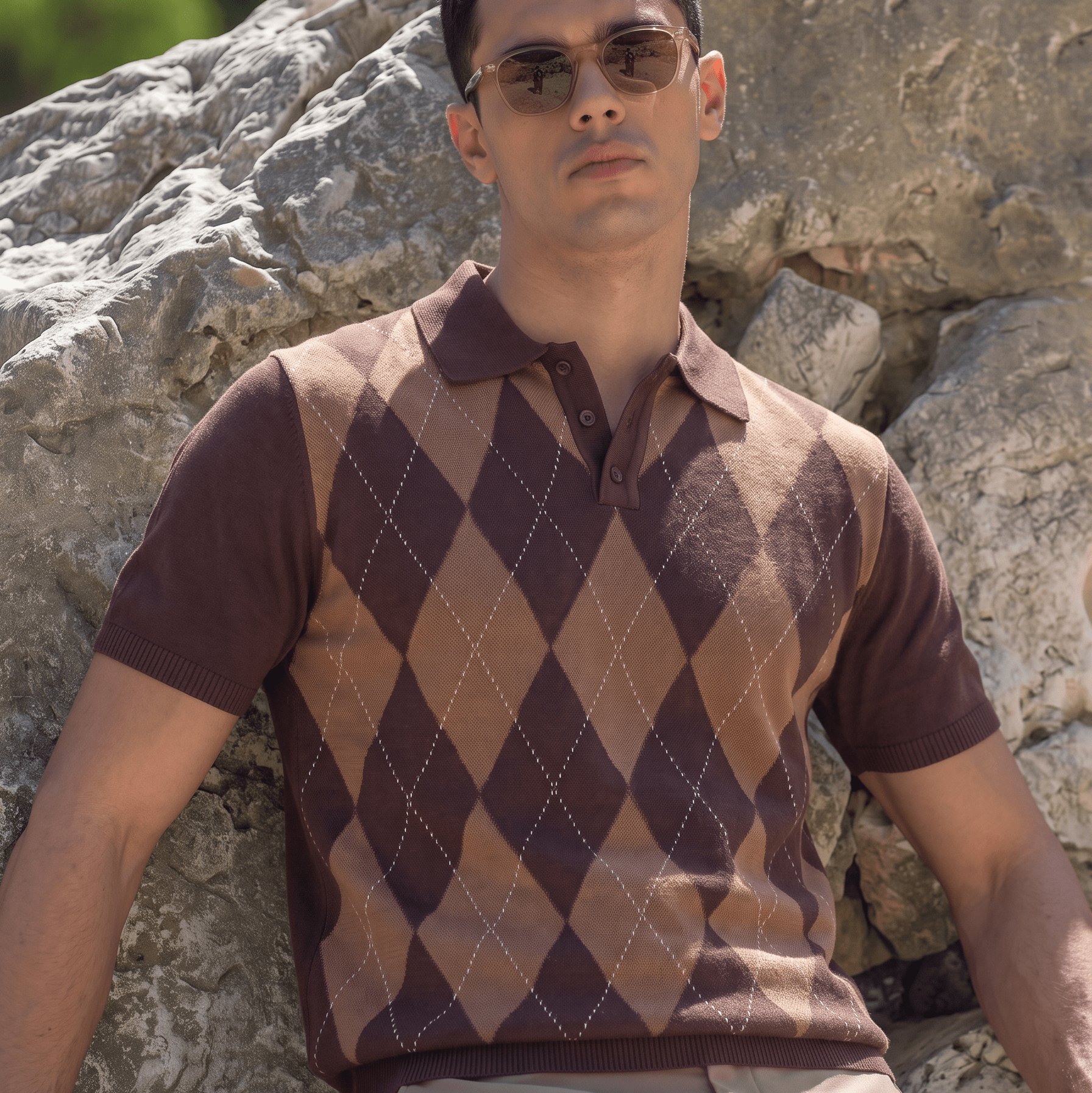 A man wearing a brown and tan argyle knit polo sweater vest with sunglasses, leaning against a large rock outdoors.