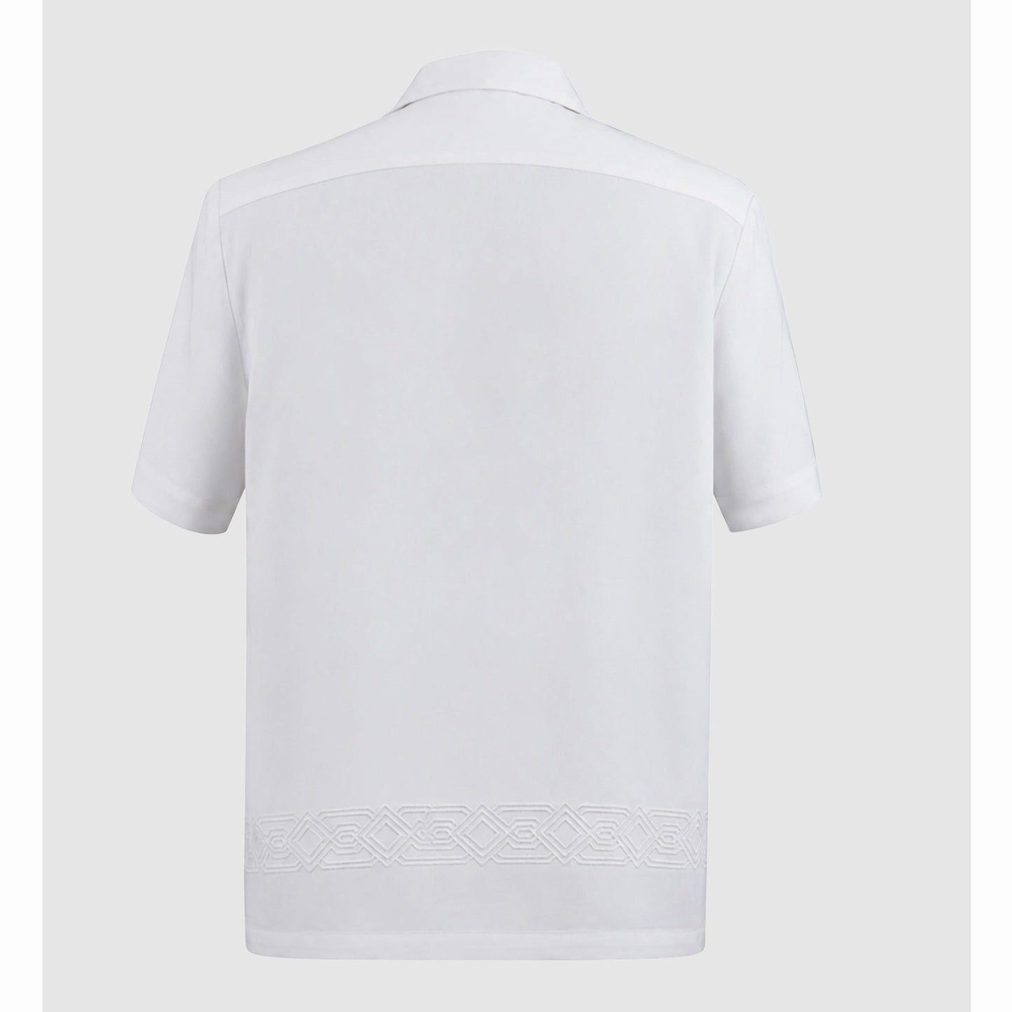 Back view of ivory shirt showing horizontal geometric embroidery band at hem