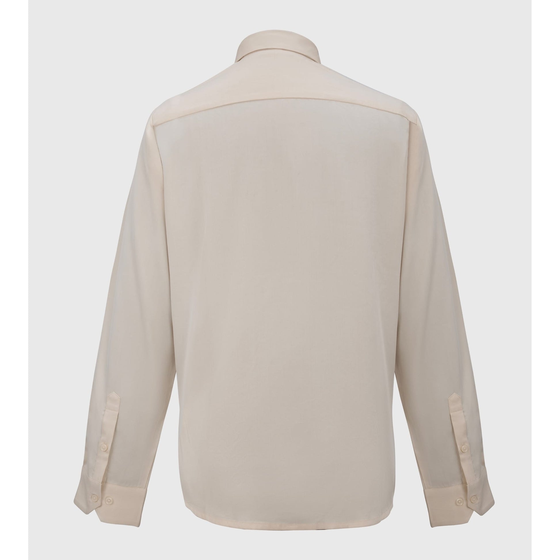 Cream Tencel shirt back view with smooth fabric and buttoned cuffs