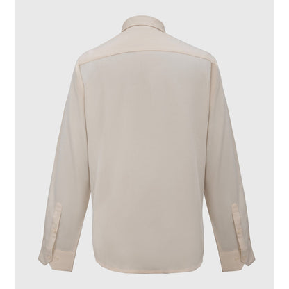 Cream Tencel shirt back view with smooth fabric and buttoned cuffs