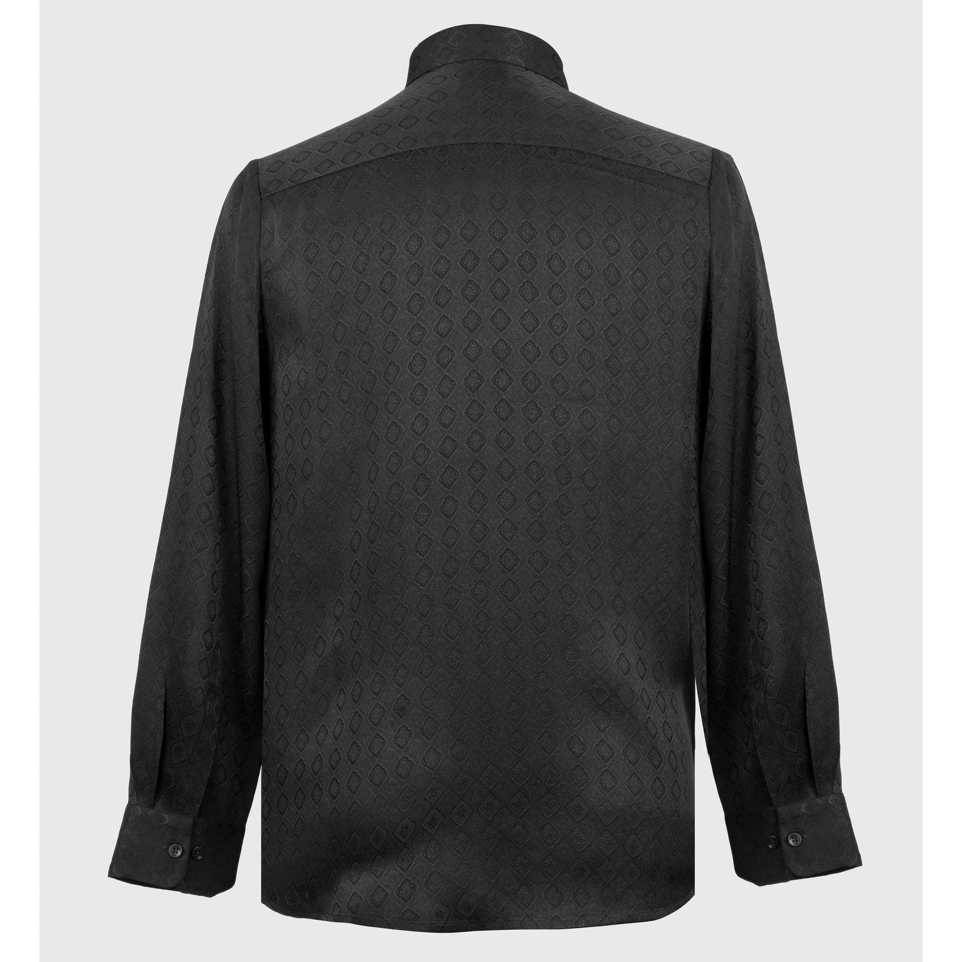 Back view of black long sleeve button-up shirt with diamond jacquard weave