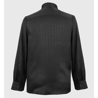 Back view of black long sleeve button-up shirt with diamond jacquard weave