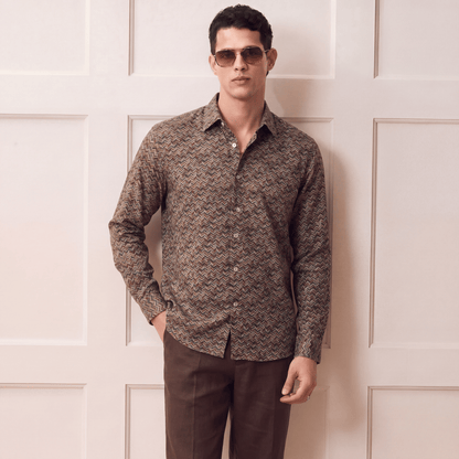 Men's brown beige teal chevron viscose shirt with relaxed fit